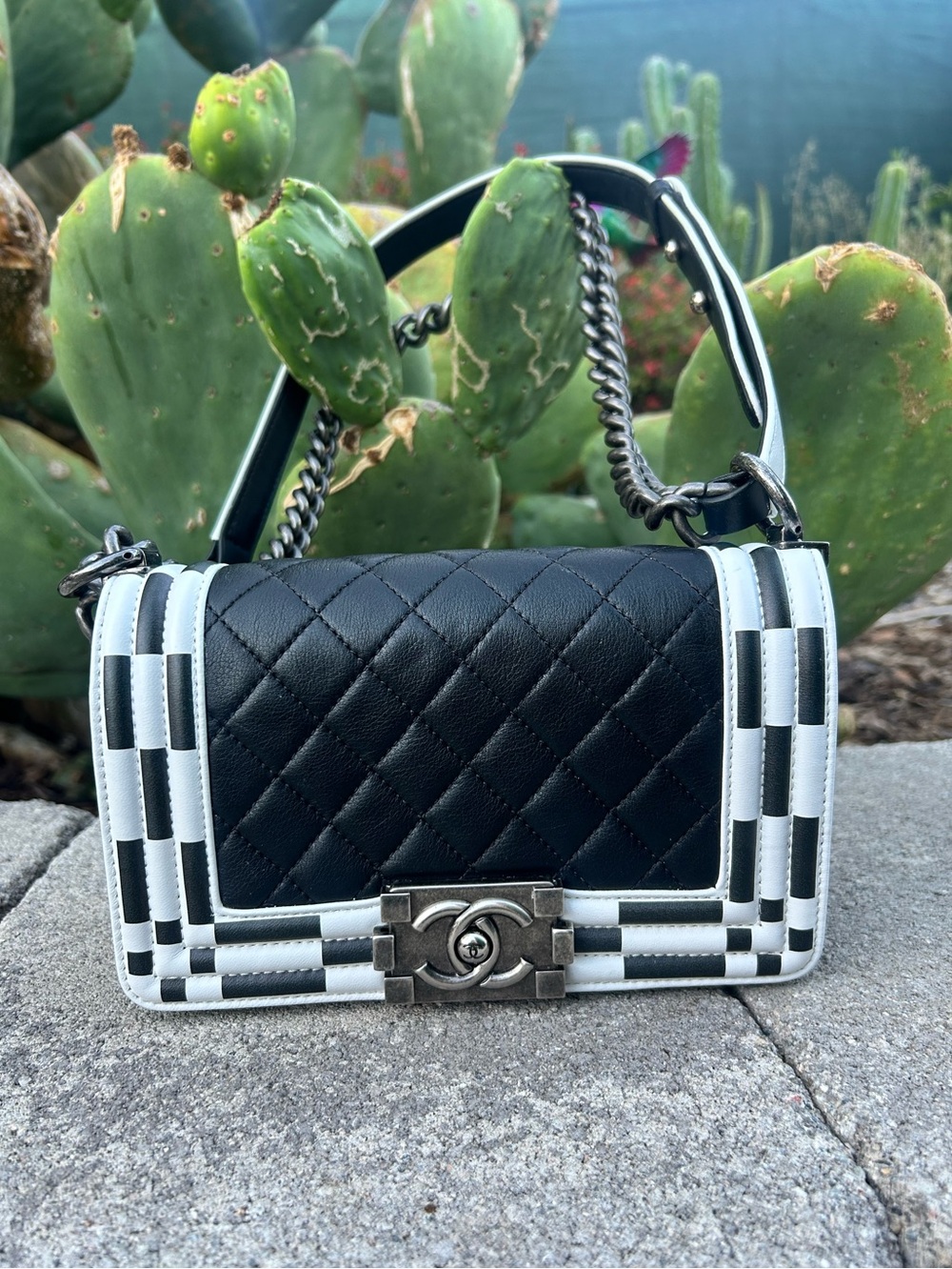 CHANEL Black with checkerboard trim Quilted Boy Shoulder Bag
